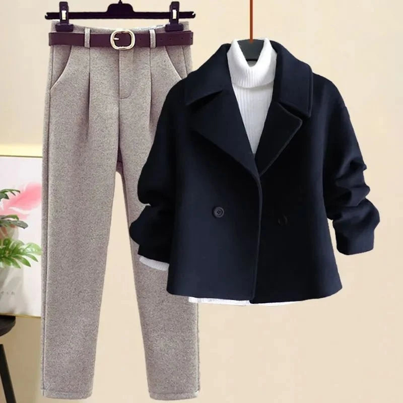 Women's Knitted 3-Piece Set – High-Neck Slim Fit Elegant Autumn Winter Ensemble