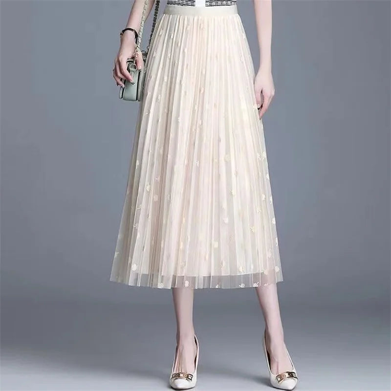 Women's Floral Lace Mesh A-Line Skirt – High Waist Big Swing Elegant Midi Skirt | Spring Summer