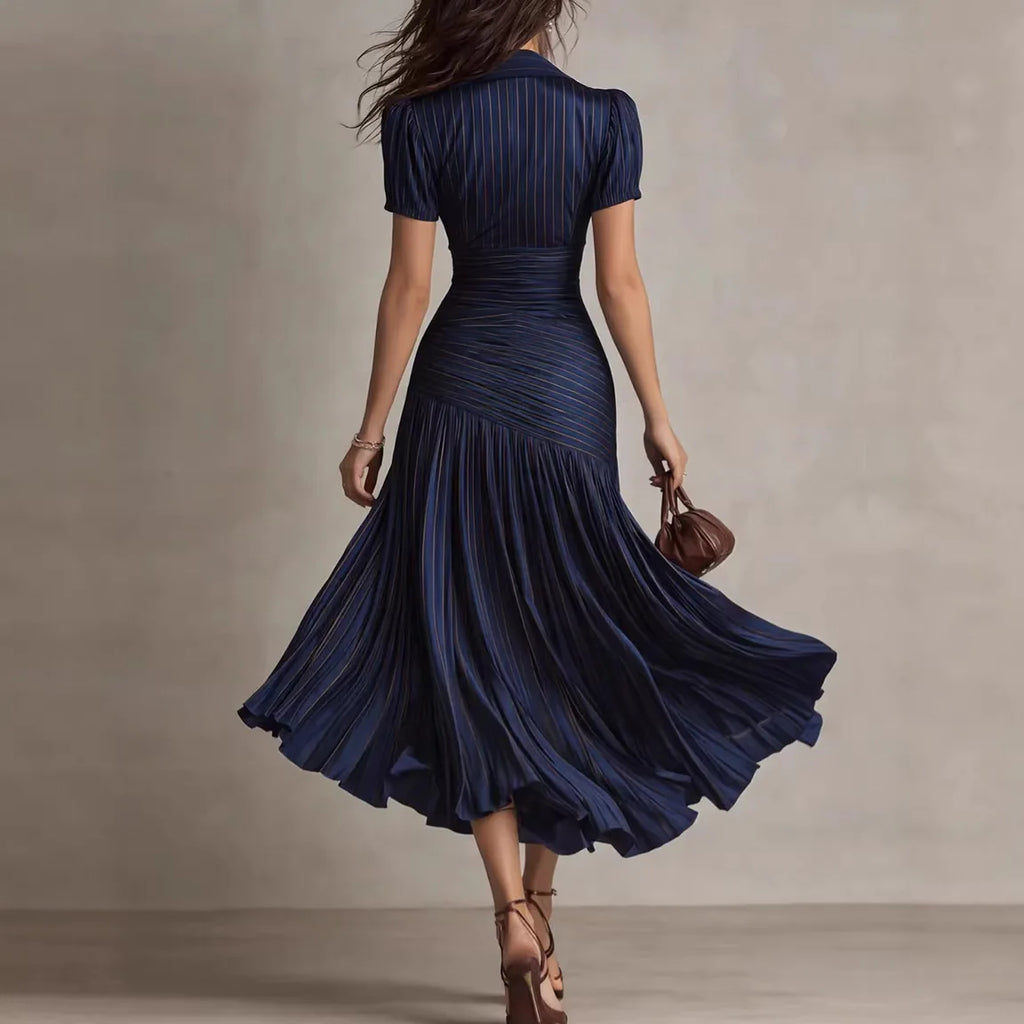 Striped A-Line Maxi Dress – Short Sleeve High Waist Slim Long Dress for Women