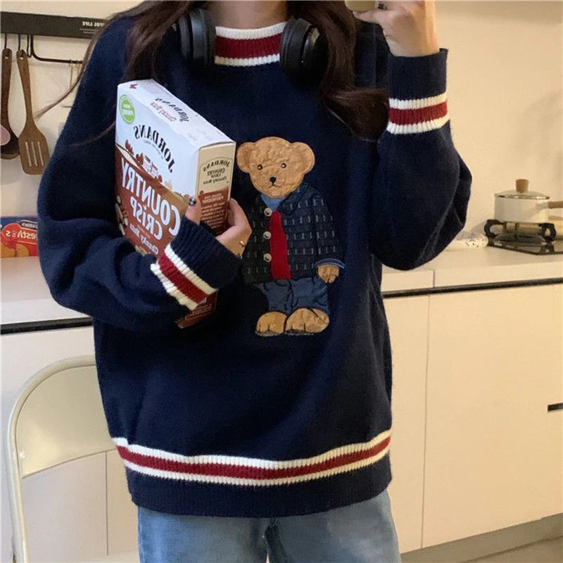 Women's Harajuku Bear Embroidery Knit Sweater | Kawaii Loose Pullover | Korean Sweet Style | Autumn Winter | GIDYQ