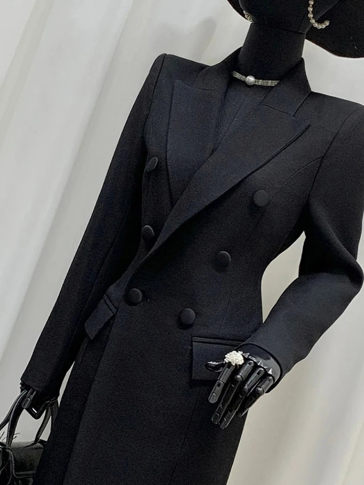 Women's Long Black Double-Breasted Blazer Coat – Slim Fit Elegant European Overcoat