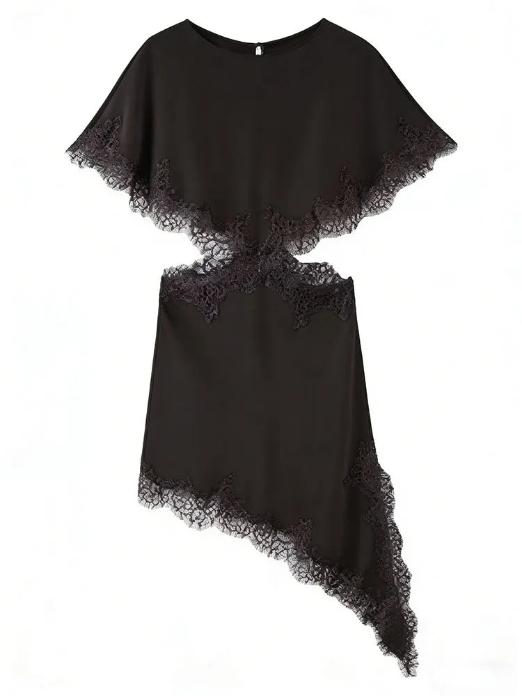 Lace Trim Cutout Asymmetrical Midi Dress – Hollow Out Cloak Sleeve | Women's Elegant Sexy Club Wear