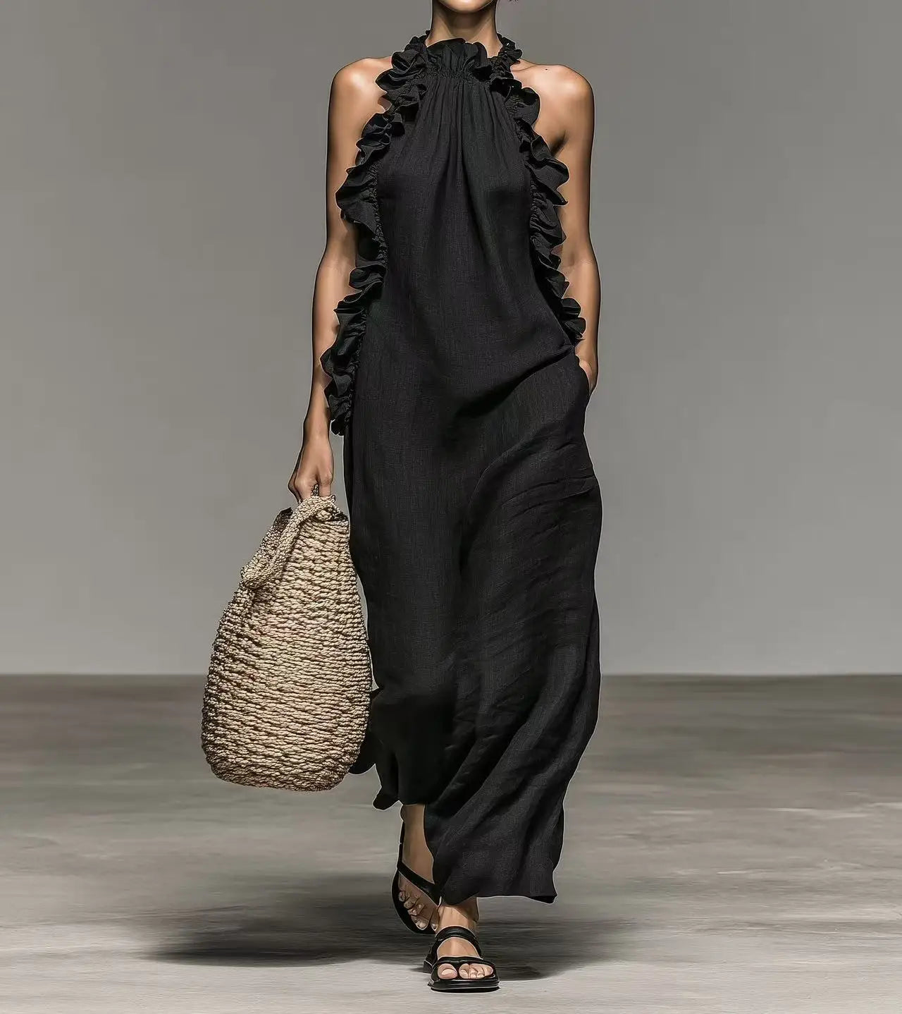 Elegant Ruffle Halter Maxi Dress – Sleeveless Flowy Sundress for Women