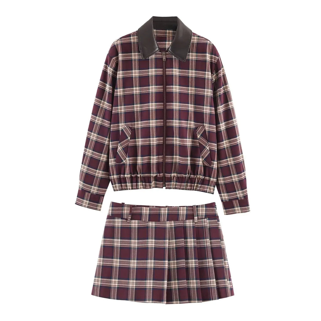 Women's Plaid Two-Piece Set – High Waist Short Coat & Skirt | Autumn Winter Casual Chic Fashion