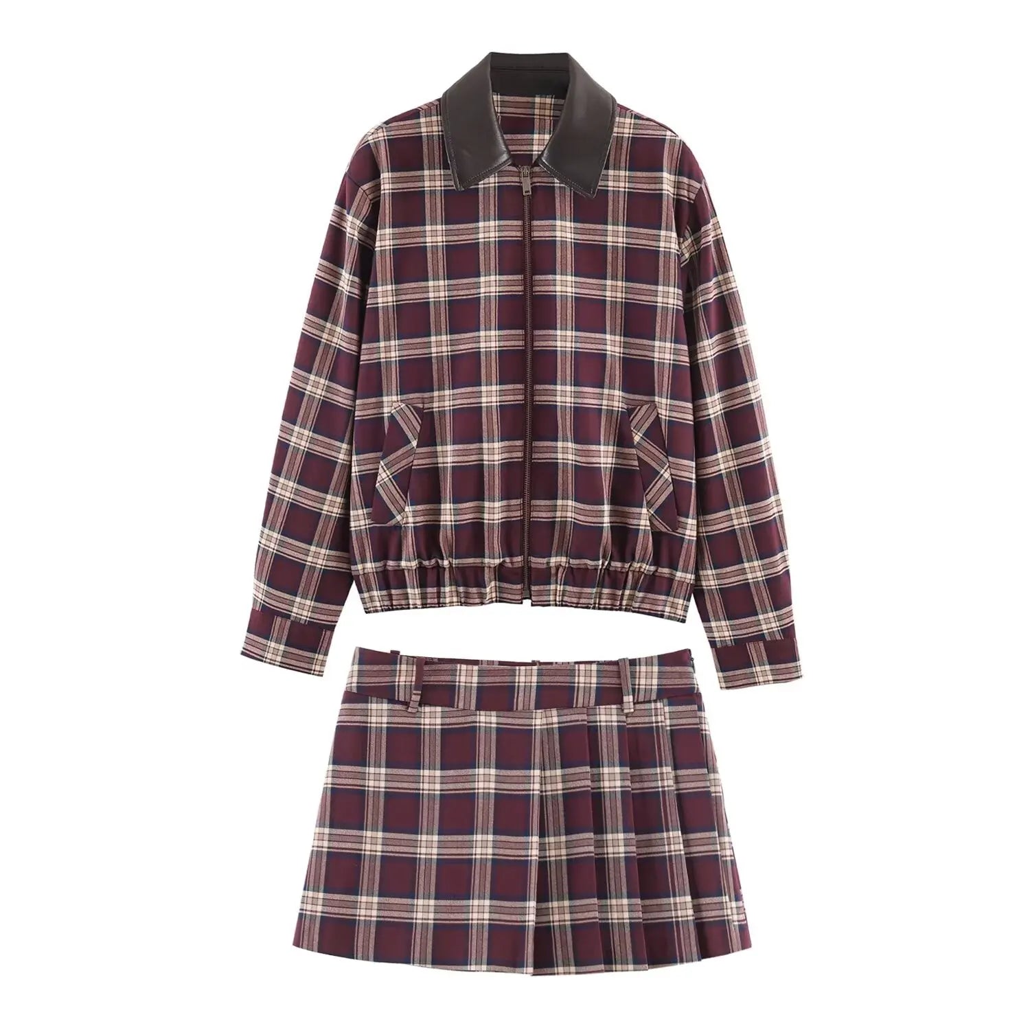 Women's Plaid Two-Piece Set – High Waist Short Coat & Skirt | Autumn Winter Casual Chic Fashion