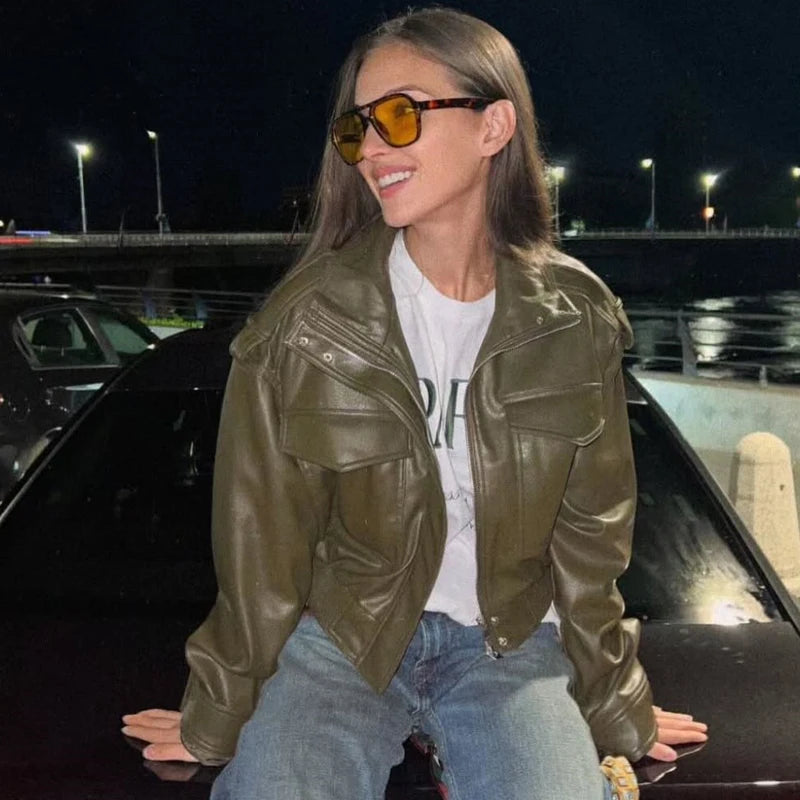 Women's Army Green Faux Leather Jacket – Streetwear Windbreaker Coat | Autumn