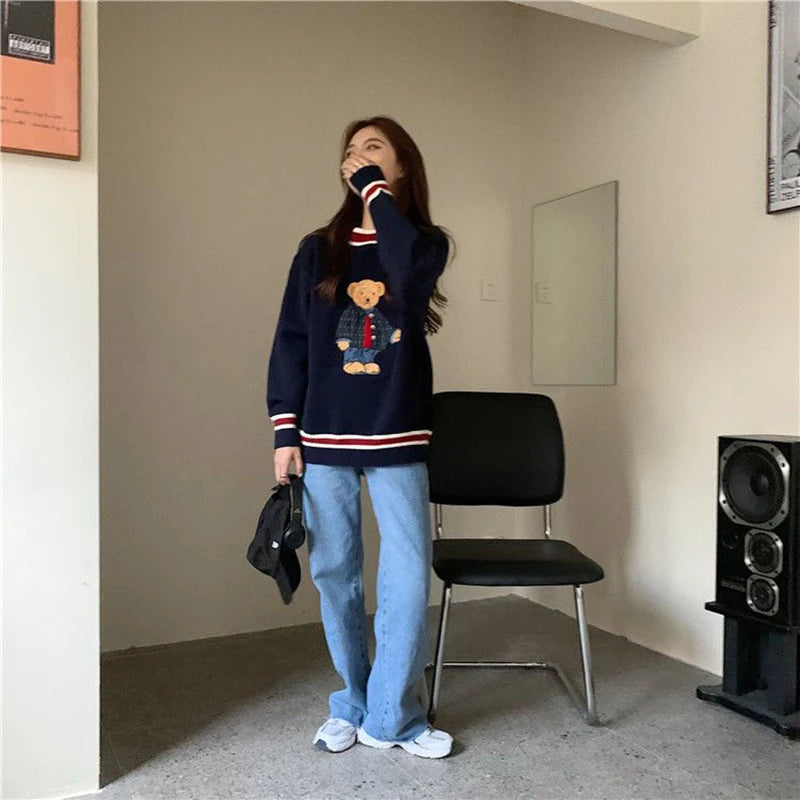 Women's Harajuku Bear Embroidery Knit Sweater | Kawaii Loose Pullover | Korean Sweet Style | Autumn Winter | GIDYQ