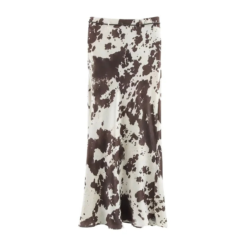 Women's Vintage Print Satin Midi Skirt – High Waist with Belt | Spring Summer Style