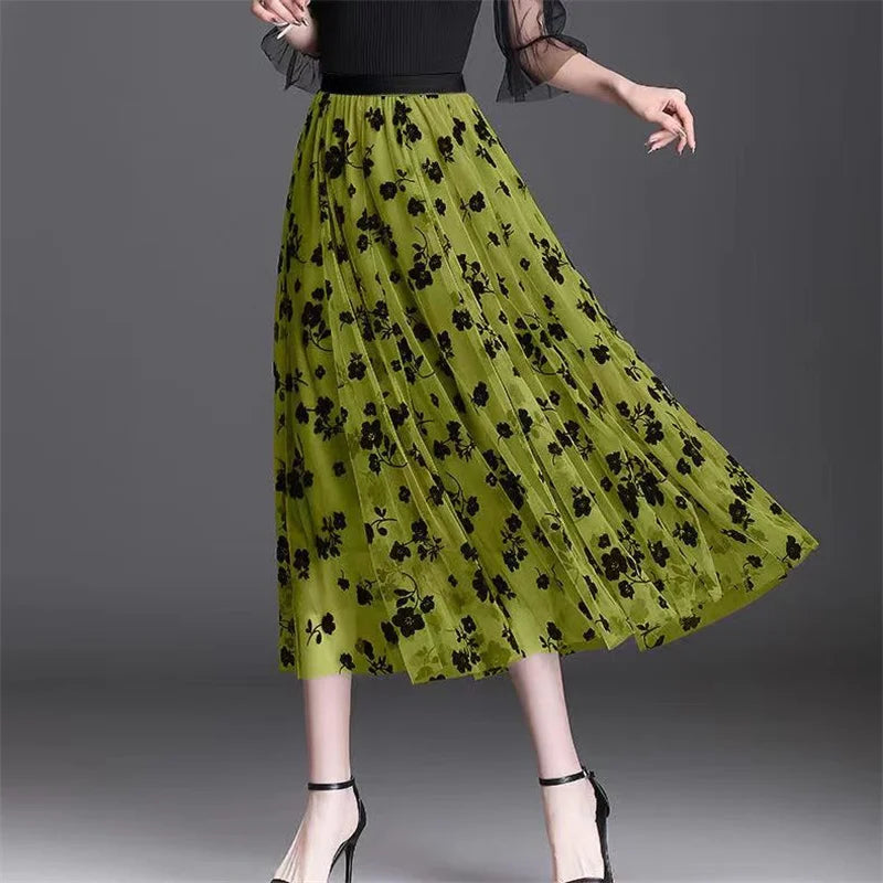 Women's Floral Lace Mesh A-Line Skirt – High Waist Big Swing Elegant Midi Skirt | Spring Summer
