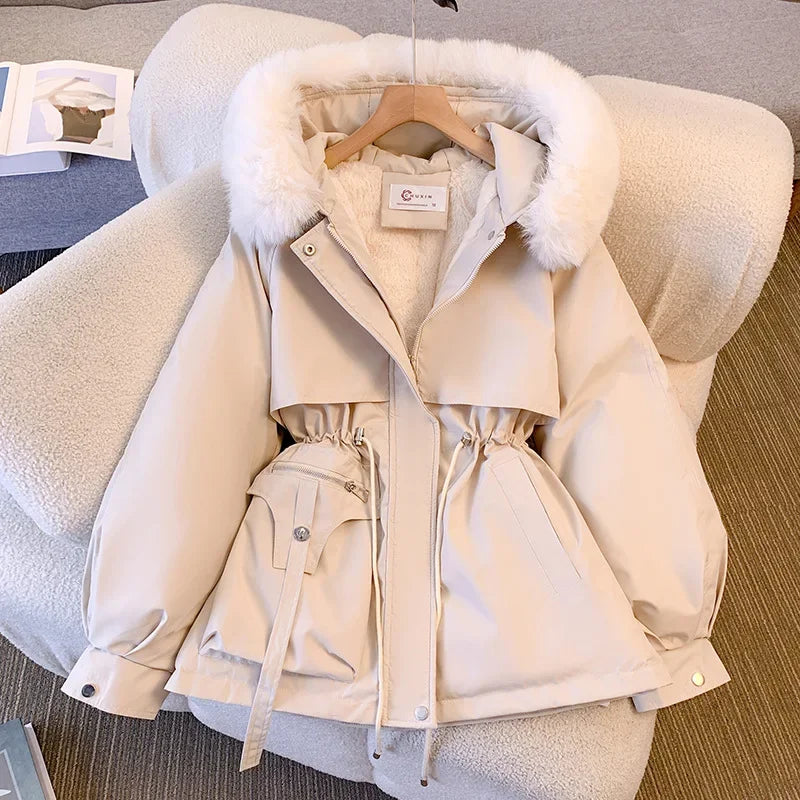Women's Fleece-Lined Hooded Puffer Jacket – Drawstring Padded Parka | Korean Streetwear