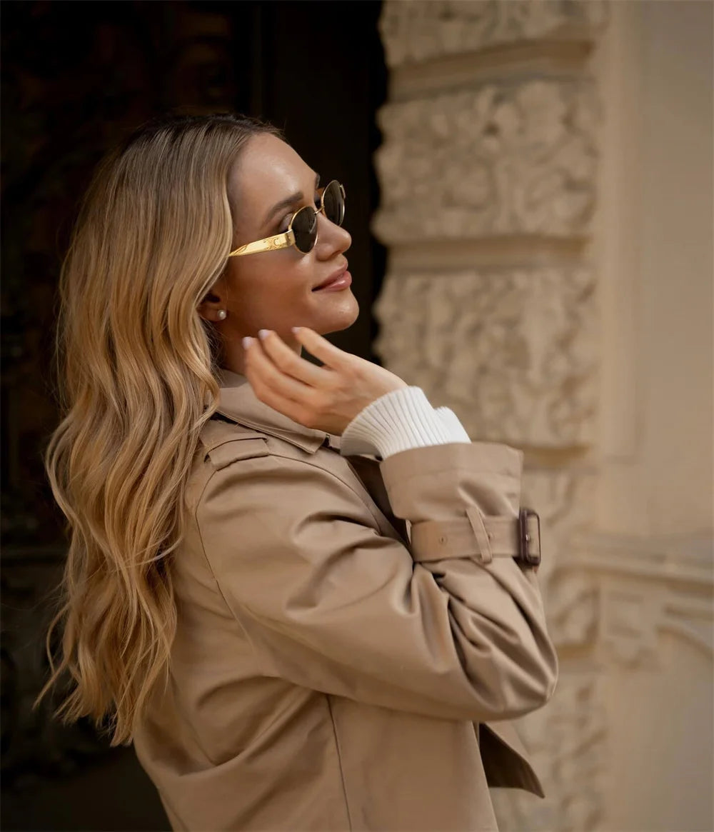 Women's Vintage Cropped Trench Coat | Double Breasted Streetwear Jacket | All Season | MOXFCIZO