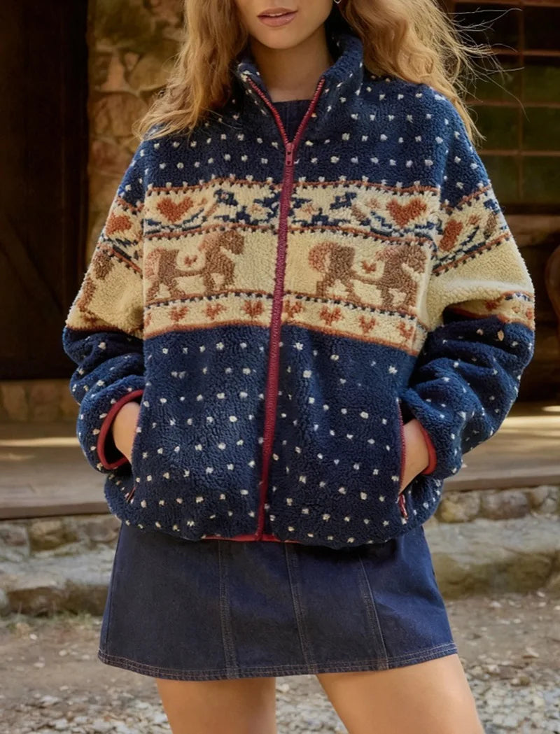 Women's Plush Christmas Print Jacket | Long Sleeve Zipper Pocket Woolen Coat | Autumn Winter