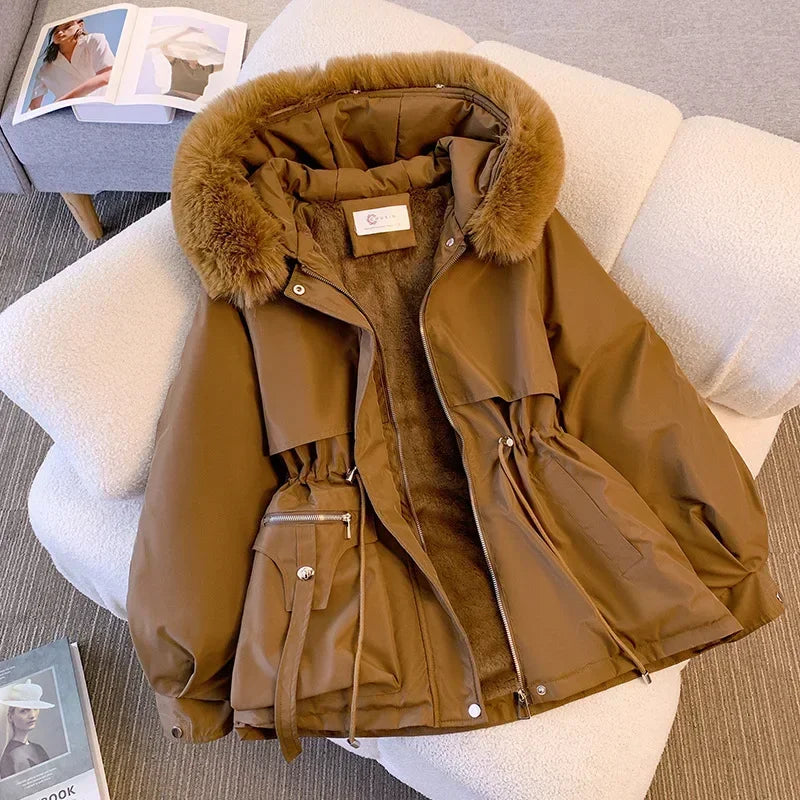 Women's Fleece-Lined Hooded Puffer Jacket – Drawstring Padded Parka | Korean Streetwear