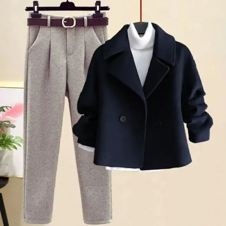 Women's Knitted 3-Piece Set – High-Neck Slim Fit Elegant Autumn Winter Ensemble