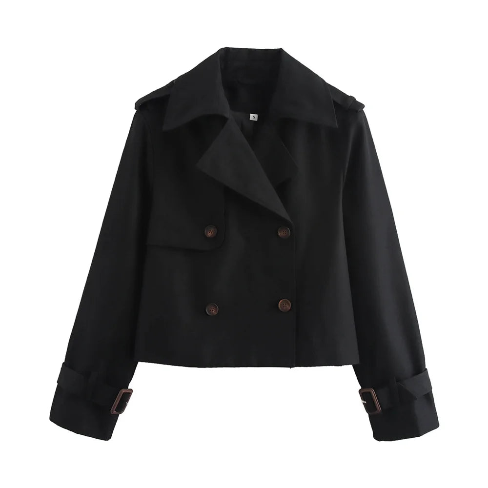 Women's Vintage Cropped Trench Coat | Double Breasted Streetwear Jacket | All Season | MOXFCIZO