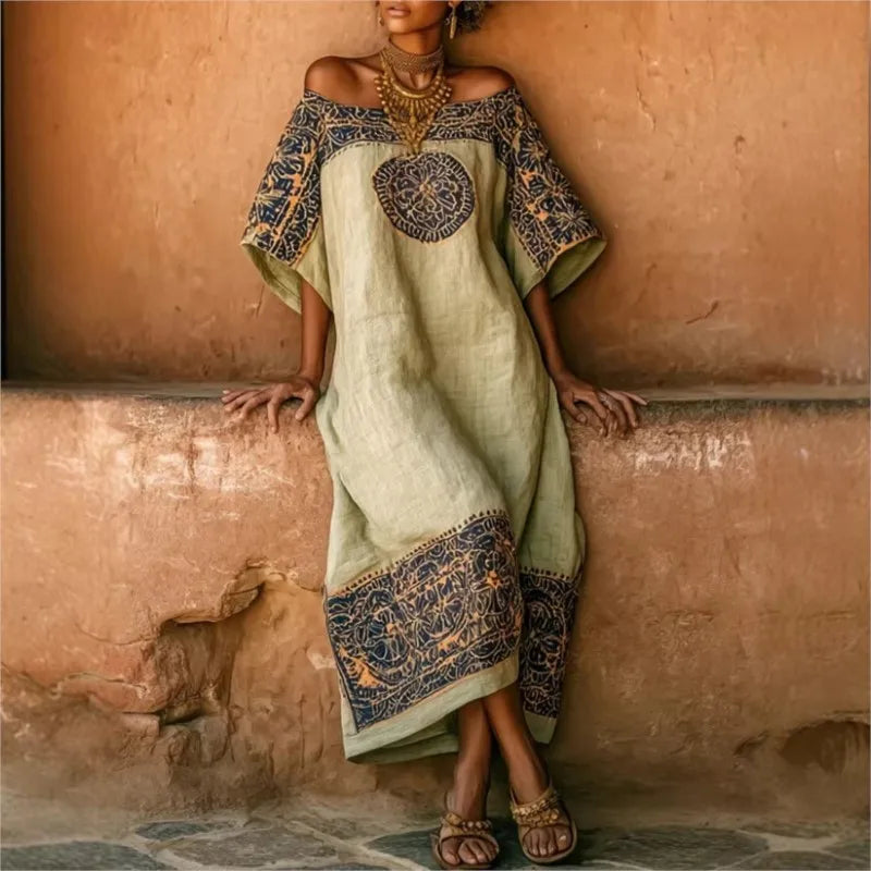 Geometric Print Pocket A-Line Dress – Loose O-Neck Short Sleeve | Women's Casual Vacation Wear