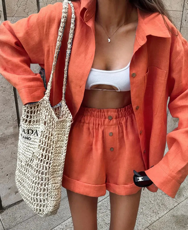 Women's Long Sleeve Shirt & Shorts Set – Casual 2-Piece Matching Outfit
