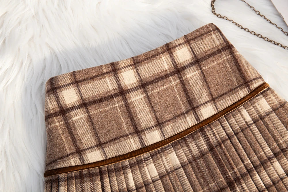 Women's Plaid Woolen Pleated Mini Skirt – High Waist Preppy Y2K Korean Style | Autumn Winter