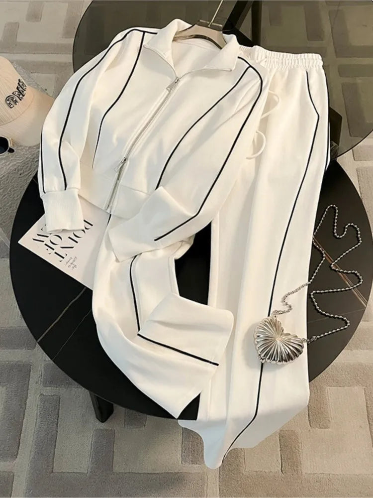 Color Block Two-Piece Set – Zip Jacket & Wide Leg Pants | Women's Casual Leisure Outfit