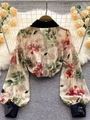Women's Vintage Floral Chiffon Blouse – Lantern Sleeve Sheer Top | Work & Date