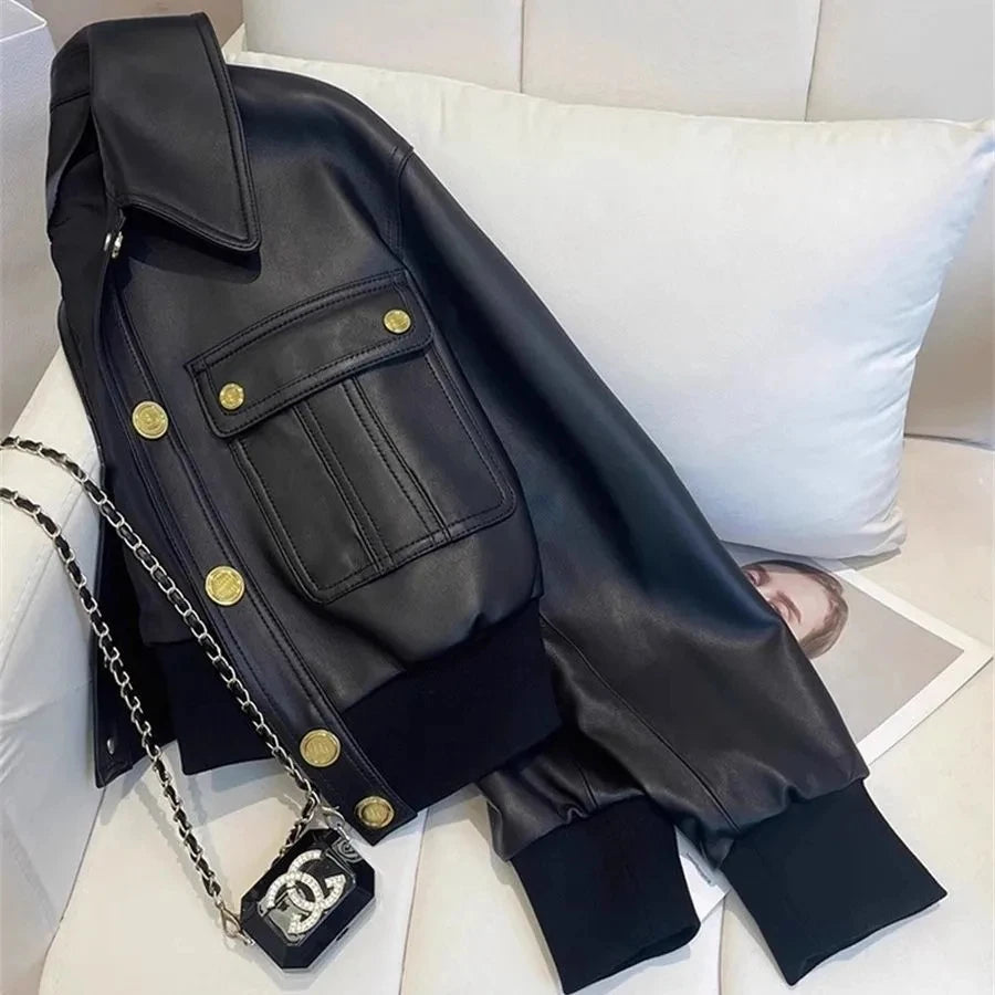 Women's Black PU Leather Biker Jacket – Short Moto Style Spring Autumn Coat