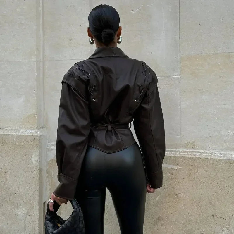 Women's Faux Leather Belted Jacket | Lapel Lace-Up Vintage High Street Coat | Autumn Winter