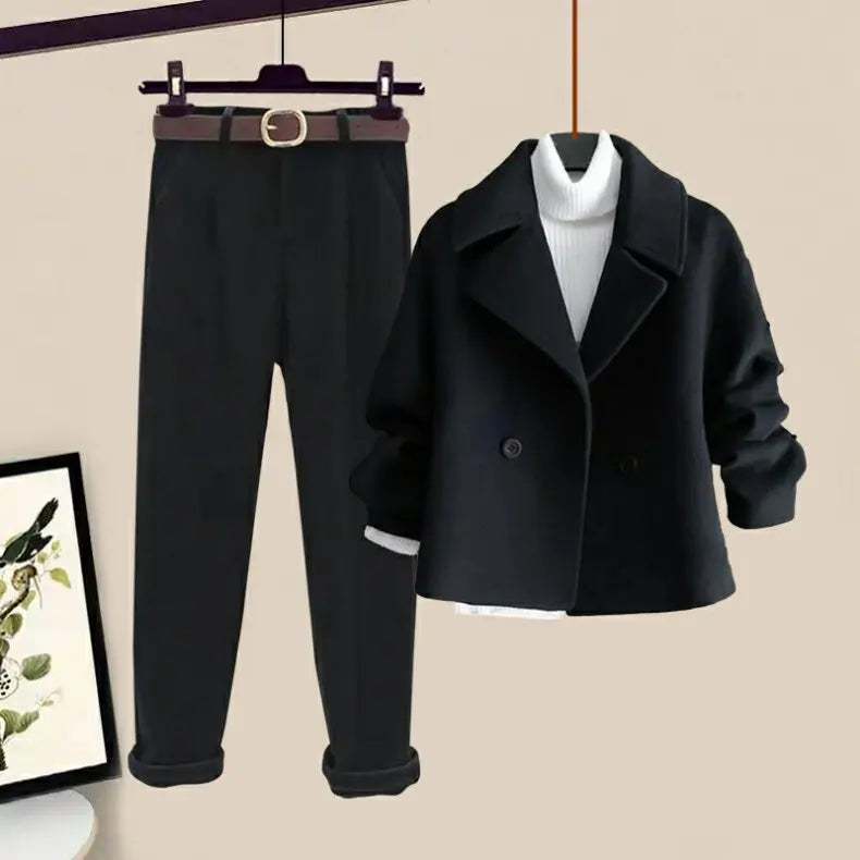 Women's Knitted 3-Piece Set – High-Neck Slim Fit Elegant Autumn Winter Ensemble