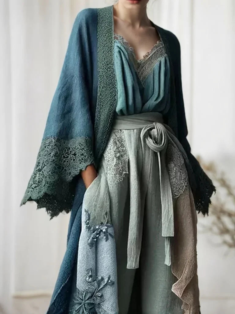 Boho Lace Patchwork Cardigan – Flare Sleeve Casual Jacket for Women