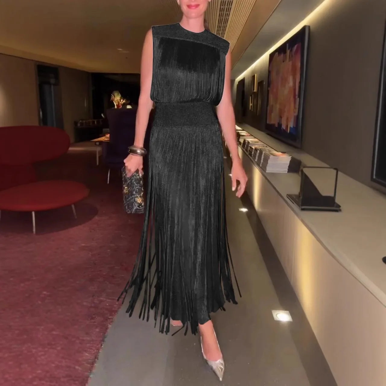 Two-Piece Tassel Dress Set – Sleeveless Hollow Out Evening Party Dress for Women