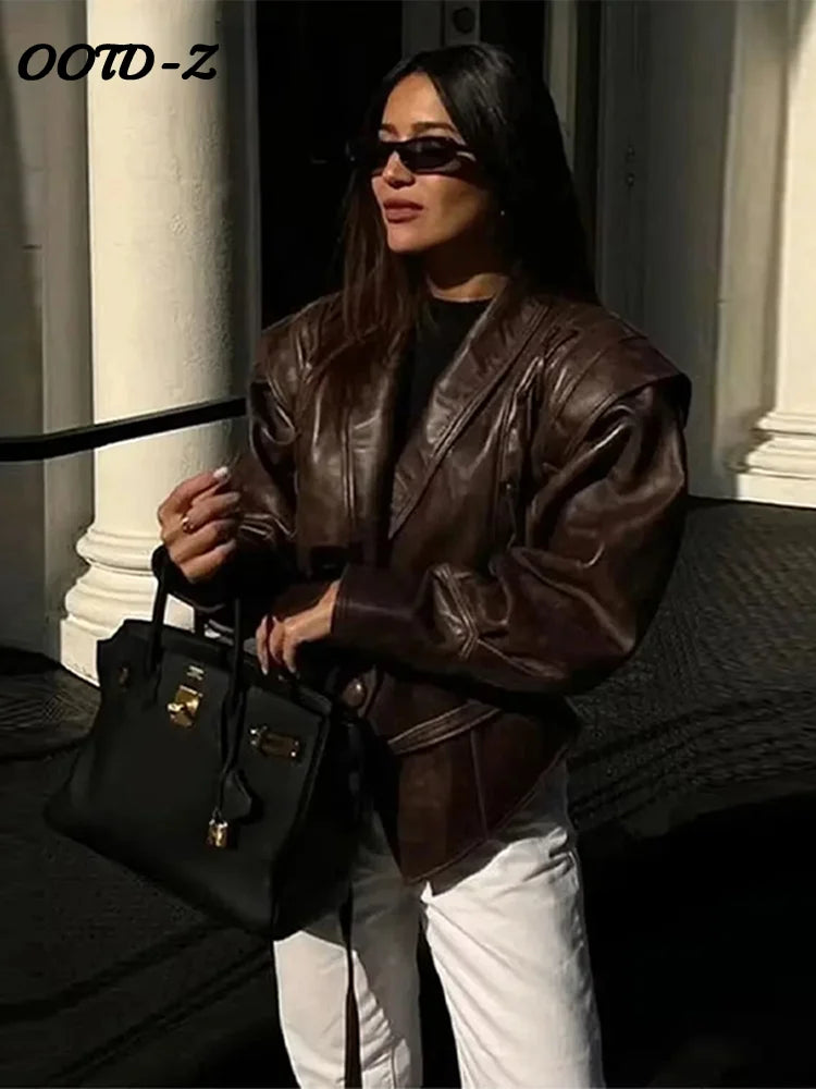 Women's Faux Leather Belted Jacket | Lapel Lace-Up Vintage High Street Coat | Autumn Winter