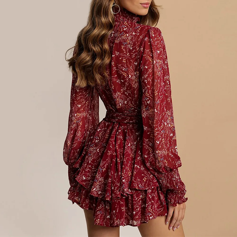 Women's Chiffon Ruffle Floral Print Mini Dress | Half Turtleneck Lace-Up A-Line | Elegant Office Style