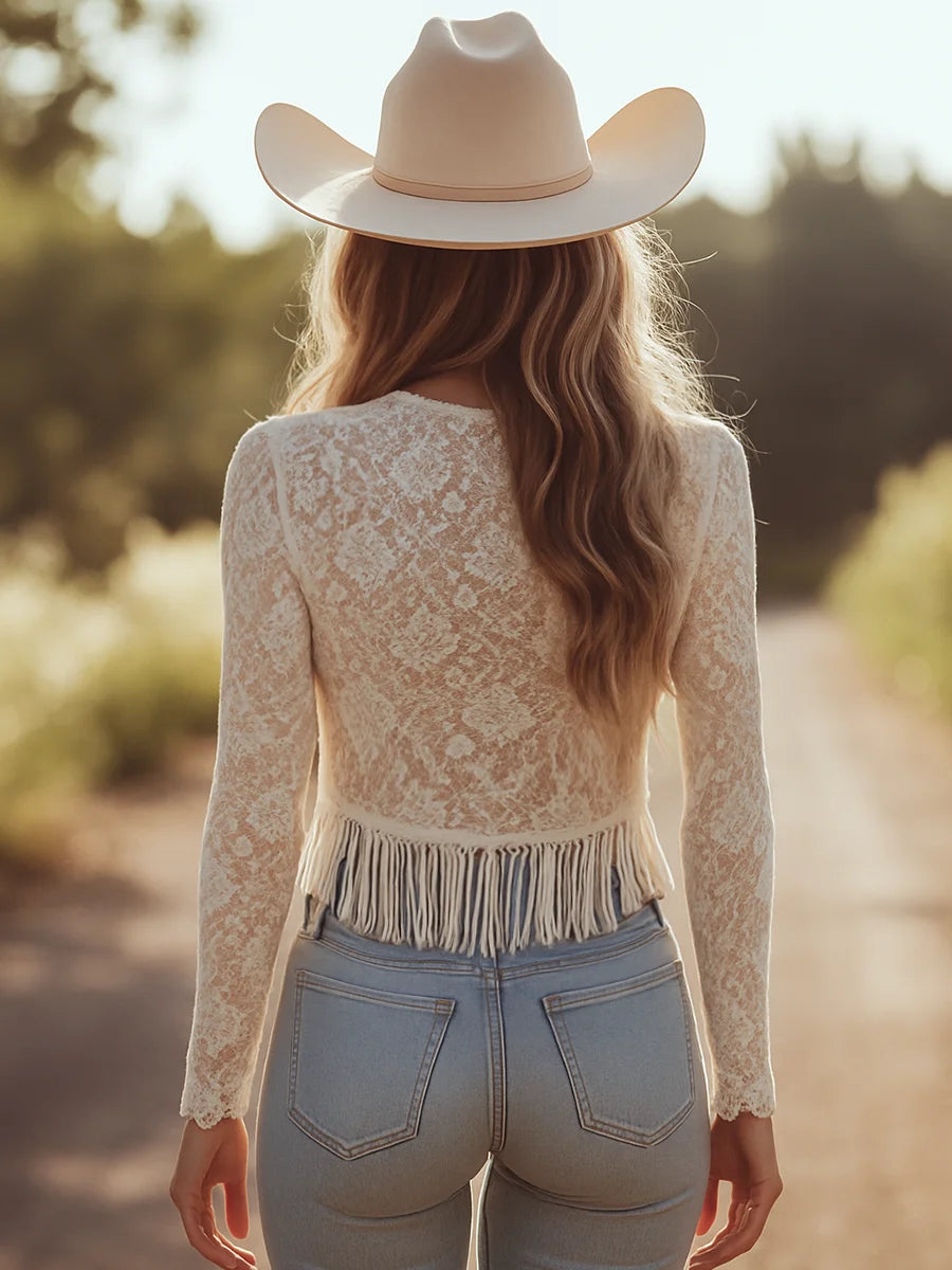 Lace Tassel V-Neck Top – Long Sleeve Hollow Out | Women's Retro Party Wear