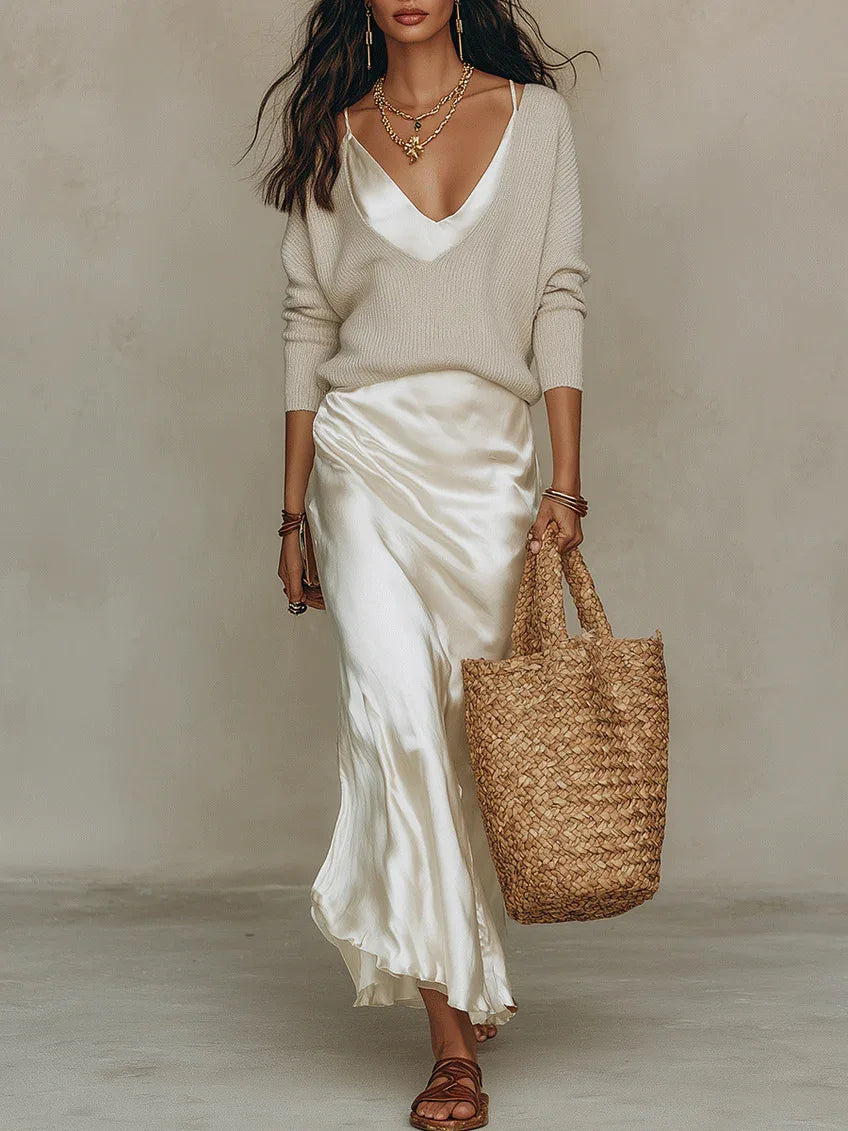 Women's Satin Maxi Dress & Long Sleeve Top Set – Elegant Evening Gown