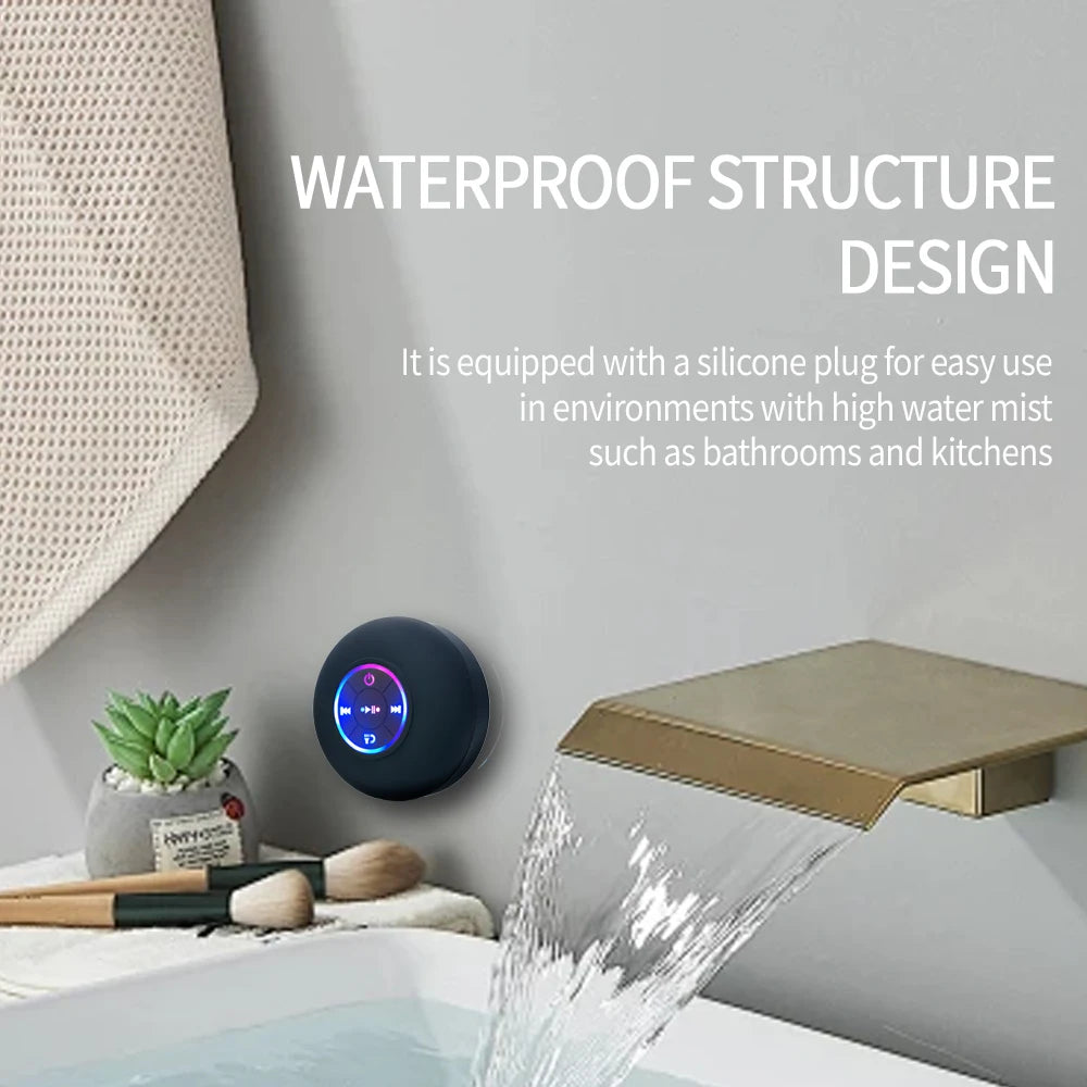 Caixa de Som Bluetooth Portátil com LED e Ventosa IPX4 À Prova d’Água para Banheiro e Ar Livre