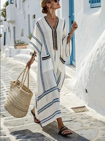 Stripe Print Pocket Maxi Dress – Loose V-Neck Short Sleeve | Women's Holiday & Office Wear