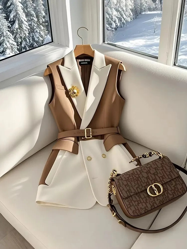 Women's Color Block Blazer Vest | Sleeveless Waistcoat Retro England Style | Adjustable Waist | Spring Summer | JBOLID