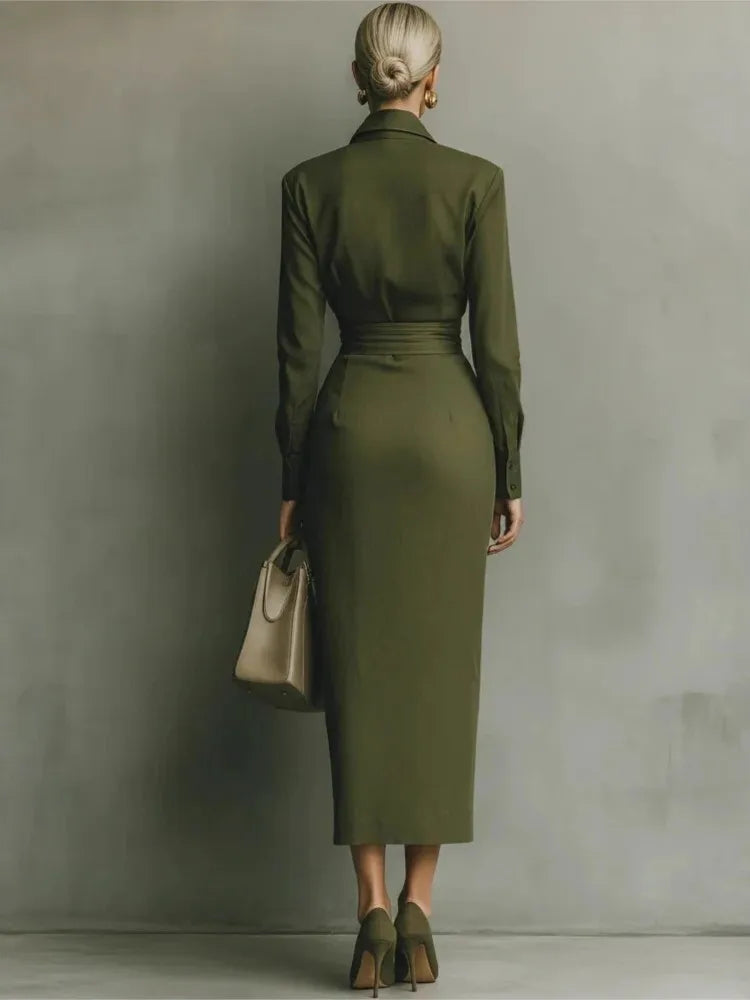 Women's Solid Midi Dress – Long Sleeve Turn-Down Collar | Office Lady Slim Fit | Spring Autumn
