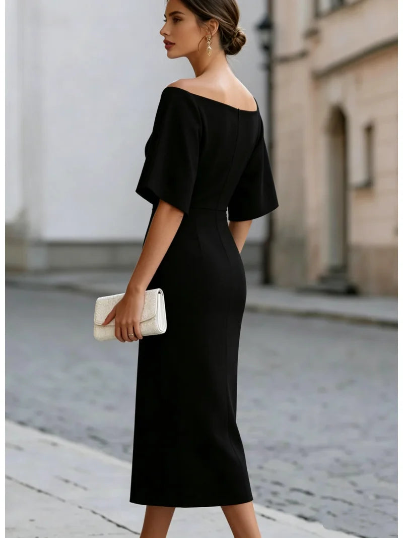 Elegant Slash Neck Midi Dress – Fitted Waist | Women's Formal & Party Wear