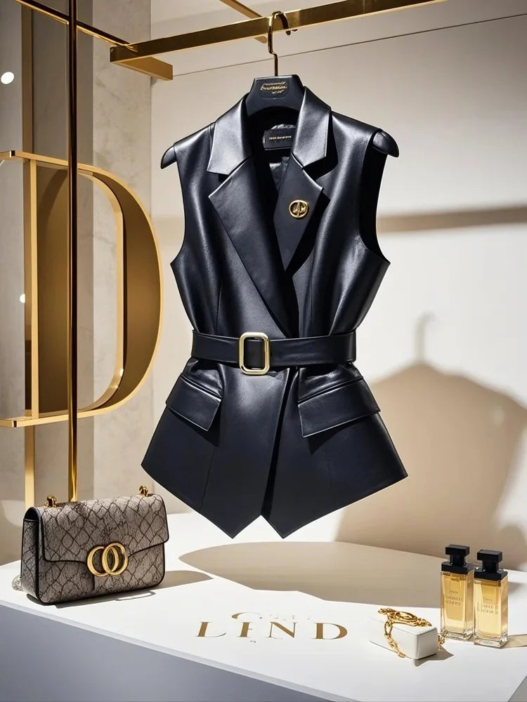 Women's Black Blazer Vest Jacket – Sleeveless V-Neck Notched Coat | British Style