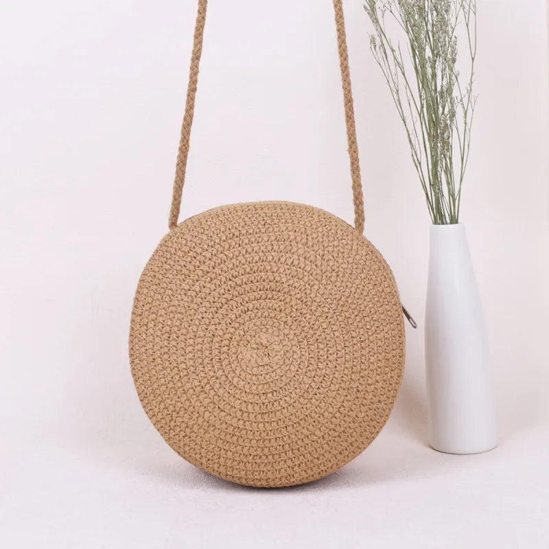 Bolsa de Palha Redonda Transversal Minimalista Feminina com Fecho Zipper 5 Cores