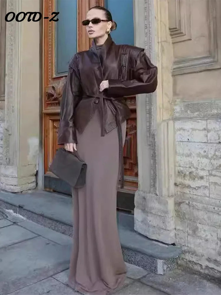 Women's Faux Leather Belted Jacket | Lapel Lace-Up Vintage High Street Coat | Autumn Winter