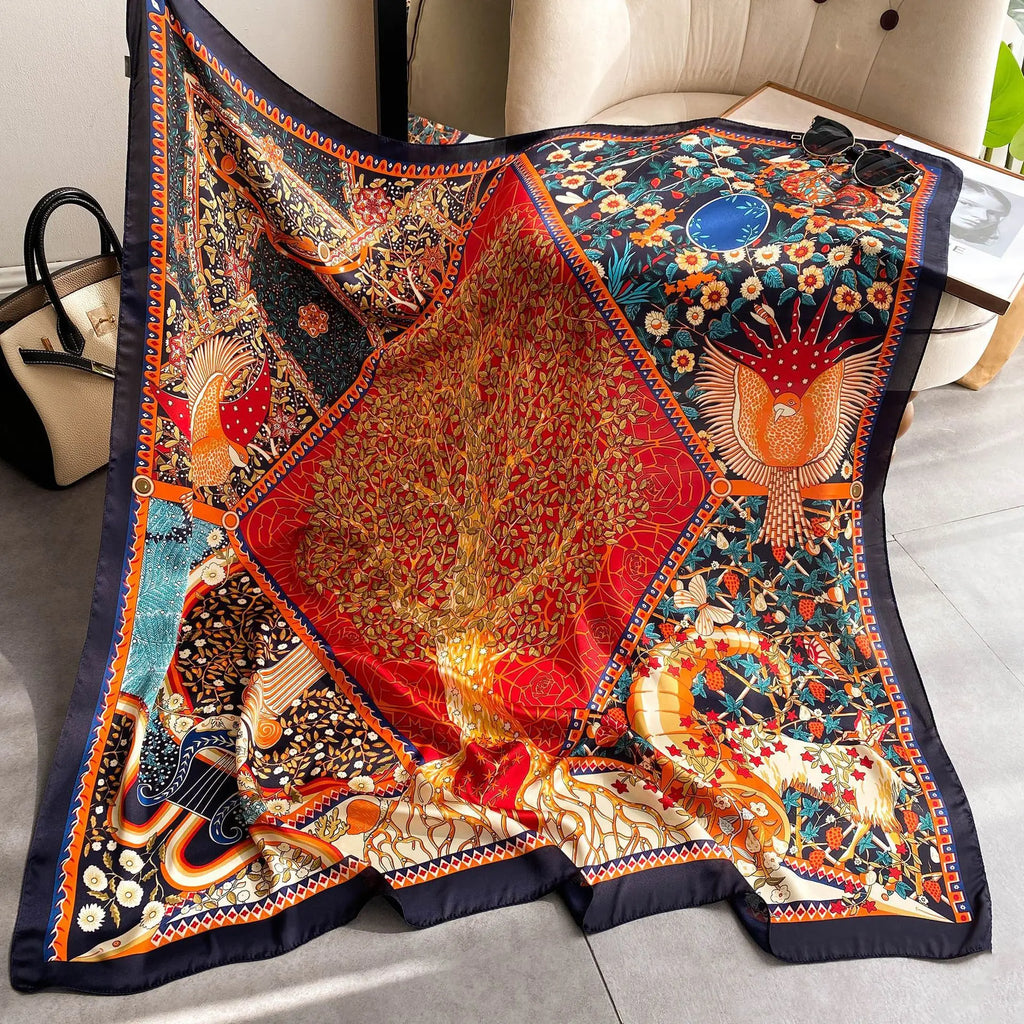Xale Quadrado de Cetim 110x110cm Estampado Feminino Multifuncional para Praia, Cabelo e Hijab