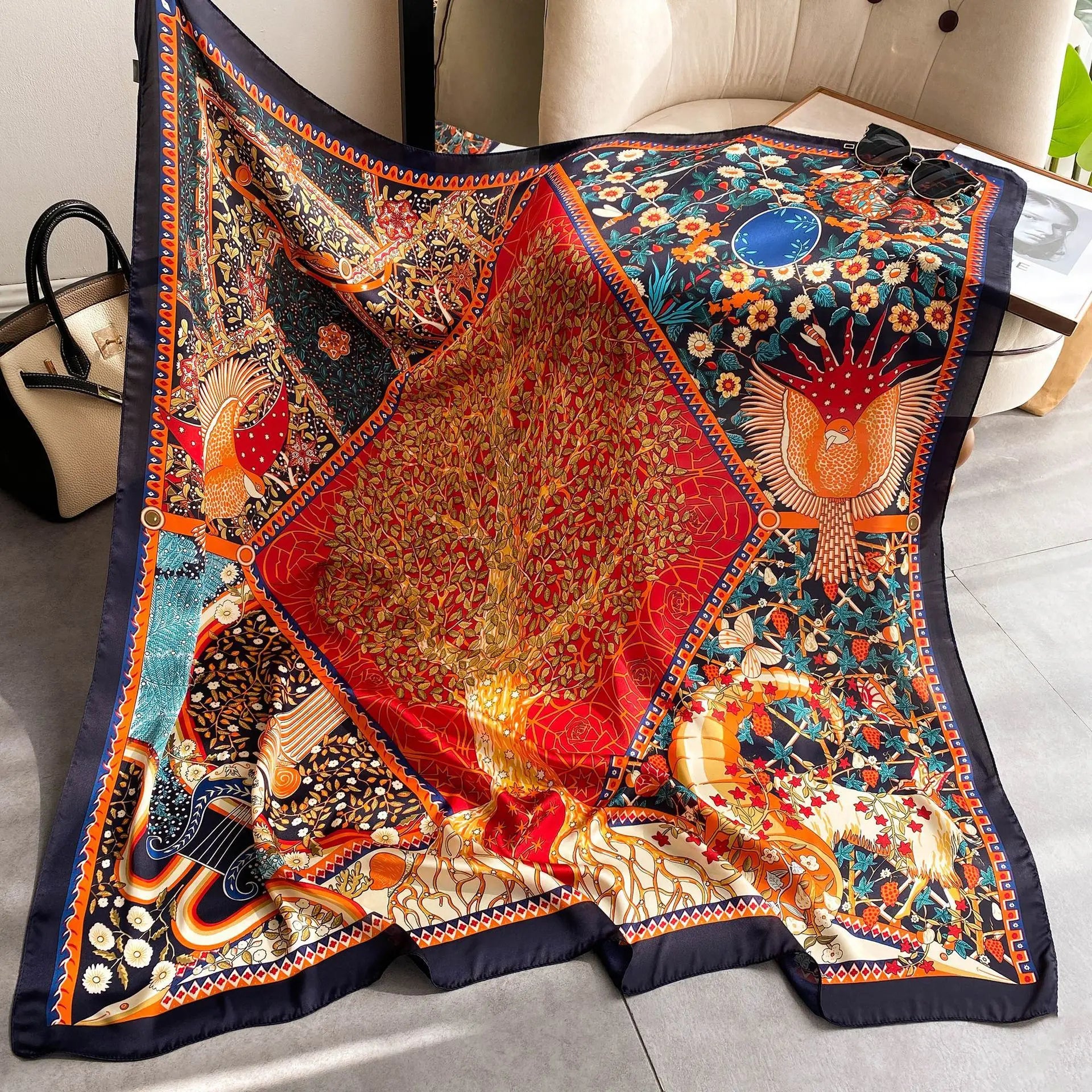 Xale Quadrado de Cetim 110x110cm Estampado Feminino Multifuncional para Praia, Cabelo e Hijab