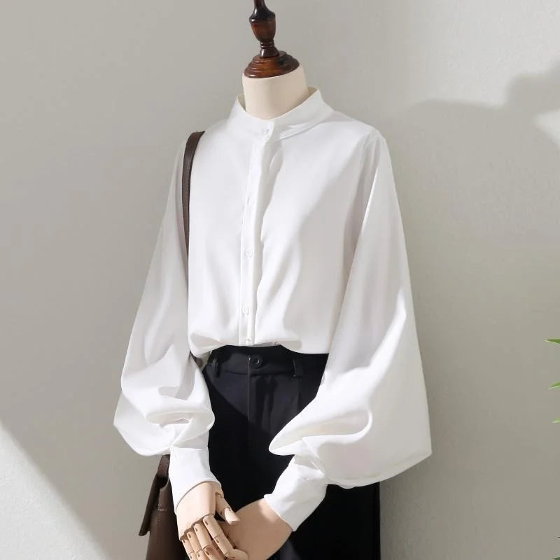 Women's Lantern Sleeve Blouse | Stand Collar Loose Puff Sleeve Top | Casual Office | Spring Summer