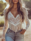 Lace Tassel V-Neck Top – Long Sleeve Hollow Out | Women's Retro Party Wear
