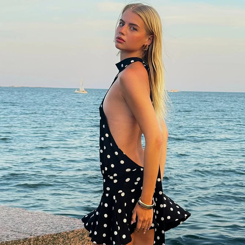 Polka Dot Halter Backless Mini Dress – Slim Bandage Sleeveless | Women's Sexy Party & Vacation Wear