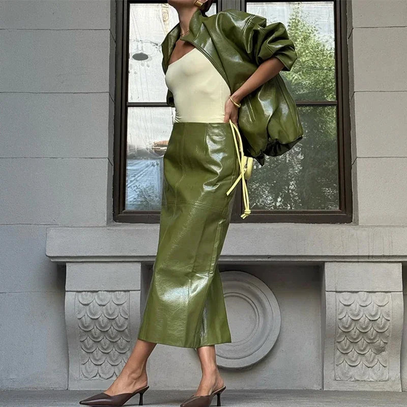 Women's Leather 2-Piece Set | Jacket & Skirt, Pants or Dress | Street Style Party Suit | Autumn
