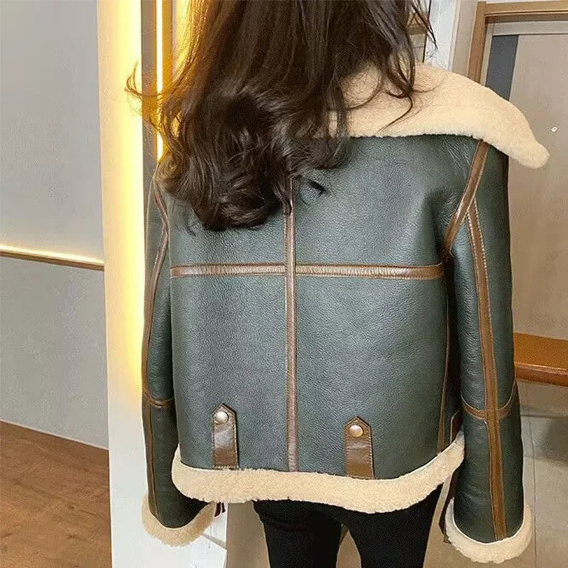 Women's Green Short Jacket – Faux Fur Lining Winter Coat | Korean Streetwear Style