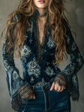 Women's Lace Flare Sleeve Blouse | Floral V-Neck Slim Fit Top | Boho Elegant Chic