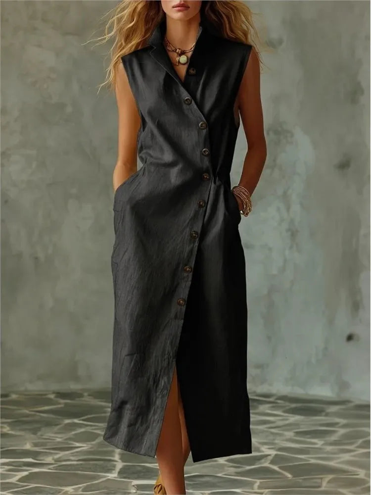 Elegant V-Neck Sundress – Sleeveless A-Line Midi Dress | Women's Summer Party Wear